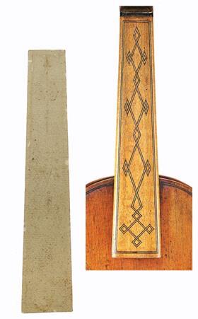 来自1613年Amati兄弟的“短笛”小提琴的原始枫木指板（右上），以及左上角的指板镶嵌纸模板），现在收藏在克雷莫纳的斯特拉迪瓦里博物馆。  诸如此类的镶嵌指板已成为巴洛克小提琴经久不衰的形象