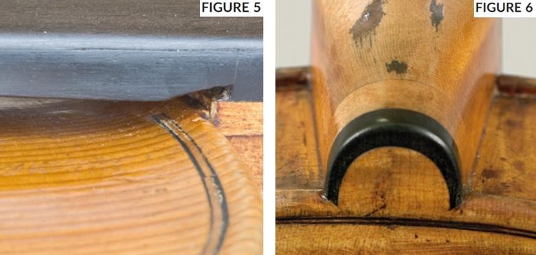 　　图5 1793年Mantegazza中提琴的原始琴颈，镶边仅位于指板下方。图6 1693年'Harrison'Stradivari现代化琴颈上的钉孔。